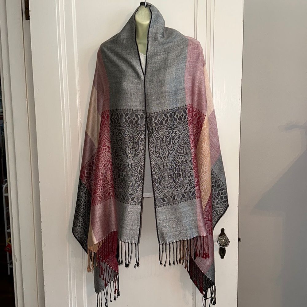 Pashmina boho red, gold, black & gray paisley & color striped shawl/wrap